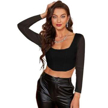 Long Sleeve Going Out Top Square Neck Sexy Mesh Shirt Asymmetrical Crop Tops Black X02 X-Large