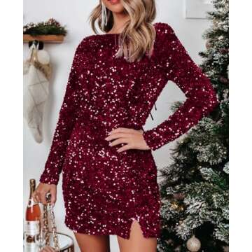 R.Vivimos Women's Sequin Bodycon Dress Fall Winter Velvet Warm Long Sleeve Crew Neck Sexy Backless Glitter Slit Mini Dress (Small, WineRed)