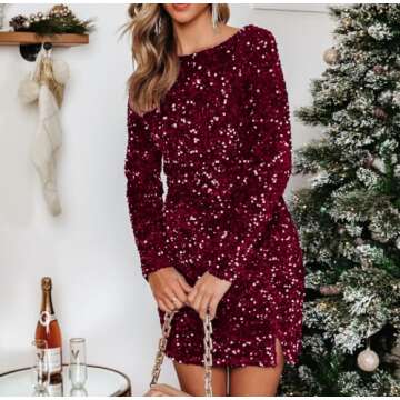 R.Vivimos Women's Sequin Bodycon Dress Fall Winter Velvet Warm Long Sleeve Crew Neck Sexy Backless Glitter Slit Mini Dress (Small, WineRed)