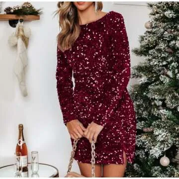 R.Vivimos Women's Sequin Bodycon Dress Fall Winter Velvet Warm Long Sleeve Crew Neck Sexy Backless Glitter Slit Mini Dress (Small, WineRed)