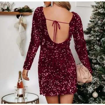 R.Vivimos Women's Sequin Bodycon Dress Fall Winter Velvet Warm Long Sleeve Crew Neck Sexy Backless Glitter Slit Mini Dress (Small, WineRed)