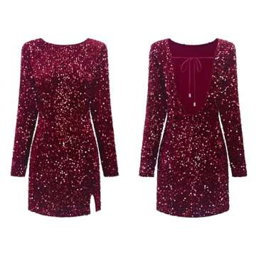 R.Vivimos Women's Sequin Bodycon Dress Fall Winter Velvet Warm Long Sleeve Crew Neck Sexy Backless Glitter Slit Mini Dress (Small, WineRed)