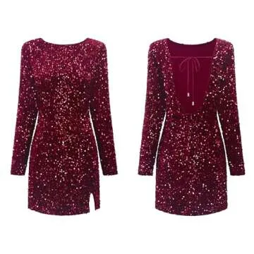 R.Vivimos Women's Sequin Bodycon Dress Fall Winter Velvet Warm Long Sleeve Crew Neck Sexy Backless Glitter Slit Mini Dress (Small, WineRed)