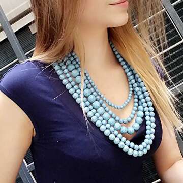 JANE STONE Statement Blue Turquoise Collar Necklace Multi-layered Fashion Chunky Long Beads Beaded Jewelry for Women