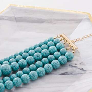 JANE STONE Statement Blue Turquoise Collar Necklace Multi-layered Fashion Chunky Long Beads Beaded Jewelry for Women