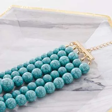 JANE STONE Statement Blue Turquoise Collar Necklace Multi-layered Fashion Chunky Long Beads Beaded Jewelry for Women