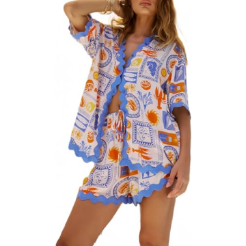 ROAONOCOMO Women 2 Piece Shorts Sets Graphic Short Sleeve Button Shirt Wide Leg Lounge Shorts Summer...