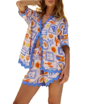 ROAONOCOMO Women 2 Piece Shorts Sets Graphic Short Sleeve Button Shirt Wide Leg Lounge Shorts Summer Holiday Beach Outfit B-Blue