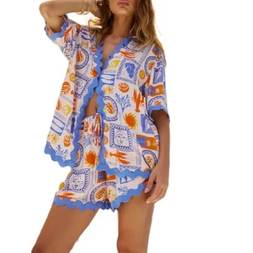 ROAONOCOMO Women 2 Piece Shorts Sets Graphic Short Sleeve Button Shirt Wide Leg Lounge Shorts Summer Holiday Beach Outfit B-Blue