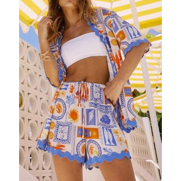 ROAONOCOMO Women 2 Piece Shorts Sets Graphic Short Sleeve Button Shirt Wide Leg Lounge Shorts Summer Holiday Beach Outfit B-Blue