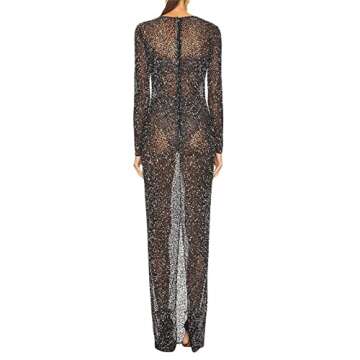 iTranyee Women Y2k Rhinestone Sheer Mesh Long Dress Sequin See Through Long Sleeve Maxi Dress Summer Beach Coverups Dress