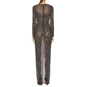 iTranyee Women Y2k Rhinestone Sheer Mesh Long Dress Sequin See Through Long Sleeve Maxi Dress Summer Beach Coverups Dress