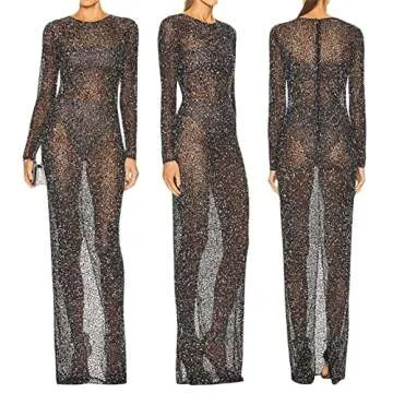iTranyee Women Y2k Rhinestone Sheer Mesh Long Dress Sequin See Through Long Sleeve Maxi Dress Summer Beach Coverups Dress