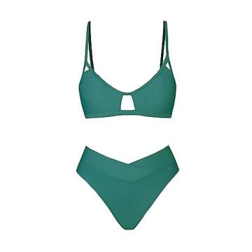 CUPSHE Bikini Set for Women Two Piece Swimsuits High Waisted Cut Out Scoop Neck V Front Bottom, L Emerald Green