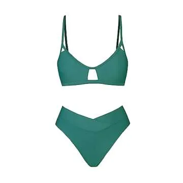 CUPSHE Bikini Set for Women Two Piece Swimsuits High Waisted Cut Out Scoop Neck V Front Bottom, L Emerald Green