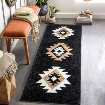 DEXDE Boho Bathroom Rugs, Black Aztec Bath Mat Non Slip Long Bathroom Rug Runner Luxury Soft Absorbe...