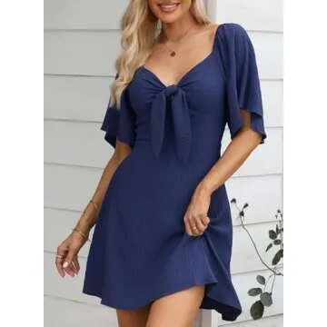 Dokotoo Navy Blue Women's Dresses Cute Spring Outfits Dresses for Women 2024 Holiday Fashion Casual Sexy Deep V Neck Ruffle Elegant Flowy Mini Short Skirt Dress Clothes Blue 2025