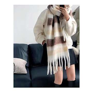 OUNIYA Big Chunky Plaid Scarf Colorful Checked Oversized Thick Scarves Soft Large Cashmere Wool Shawl Winter Warm Blanket Women (brown strip)