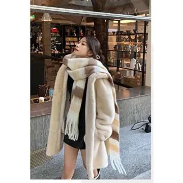 OUNIYA Big Chunky Plaid Scarf Colorful Checked Oversized Thick Scarves Soft Large Cashmere Wool Shawl Winter Warm Blanket Women (brown strip)