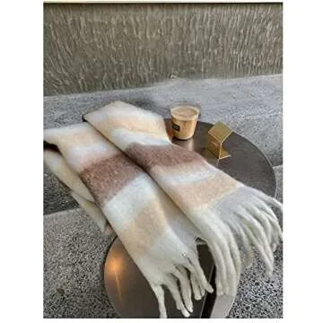 OUNIYA Big Chunky Plaid Scarf Colorful Checked Oversized Thick Scarves Soft Large Cashmere Wool Shawl Winter Warm Blanket Women (brown strip)