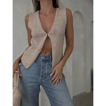Faretumiya Women Y2k Button Down Crochet Knit Vest Sleeveless Crop Top - Vintage Casual Stylish Fash...