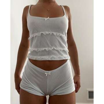 WZTYYDS Women Two Pieces Knitted Shorts Set Sleeveless Straps Floral Crop Tank Tops High Waist Shorts Outfits Streetwear