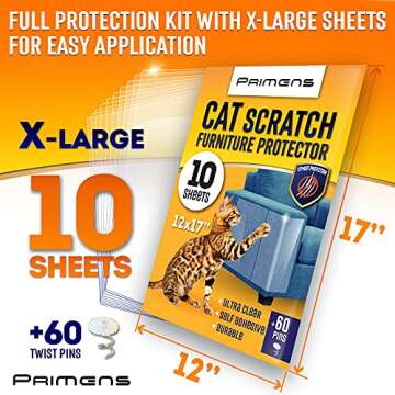 Heavy Duty Cat Scratch Deterrent Furniture Protectors for Sofa, Doors, Clear Couch Protectors from Cats Scratching, Anti Cat Scratch Tape Guards (Transparent, 10 Sheets 17x12)