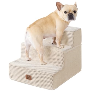 EHEYCIGA Dog Stairs 3-Step for Small Dogs & Cats, Non-Slip Beige Ramp