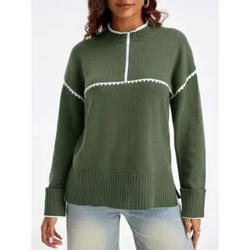 Saodimallsu Women's Quarter Zip Sweater - Cozy Color Block Pullover in Army Green