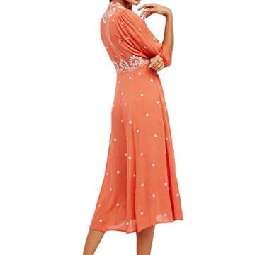 R.Vivimos Womens Boho Floral Embroidered Casual Drawstring Tie Cotton Long Dresses