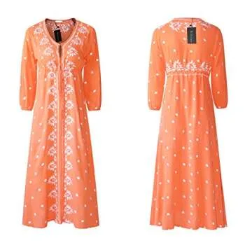 R.Vivimos Womens Boho Floral Embroidered Casual Drawstring Tie Cotton Long Dresses