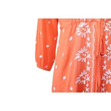 R.Vivimos Womens Boho Floral Embroidered Casual Drawstring Tie Cotton Long Dresses