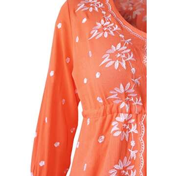 R.Vivimos Womens Boho Floral Embroidered Casual Drawstring Tie Cotton Long Dresses