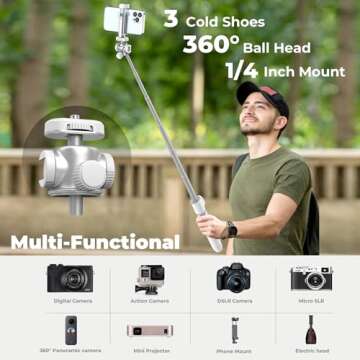KraftGeek Vlogging Tripod for Phone and Camera, 60" Tripod Stand for iPhone and Android with 3 Cold Shoes for Light and Microphone (Both are not Included), Selfie Stick with Remote for Video Recording