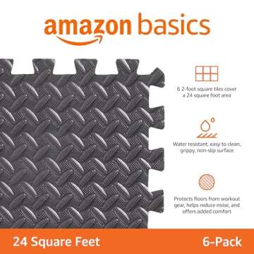 Amazon Basics Interlocking Foam Floor Mat Tiles for Home Gym Exercise, 24.7 x 24.7 x .5 Inches, Black - Pack of 6