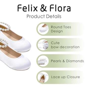 Felix & Flora Girls Toddler Little Ballet Shoes Size 11 - Flower Girls Mary Jane Flats Dress Shoes Party Wedding(White,11 Little Kid)