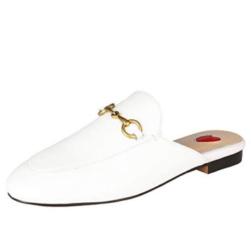 Arqa Mules for Women Almond Toe Leather Flats Slip-on Comfort Backless Loafers Buckle Mule Shoes Whi...