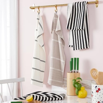Kate Spade New York Botanical Stripe Kitchen Towels 4-Pack Set, Absorbent 100% Cotton, Black/Beige, 17"x28"