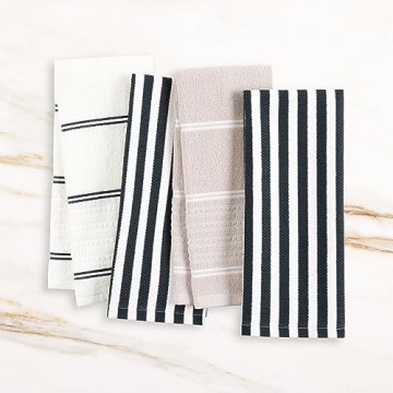 Kate Spade New York Botanical Stripe Kitchen Towels 4-Pack Set, Absorbent 100% Cotton, Black/Beige, 17"x28"