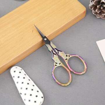 Small Rainbow Art Scissors with Beautiful Decos for Precise Crafting and Sewing - Includes Protectiv...