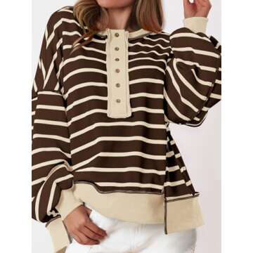 PRETTYGARDEN Women’s Fall 2025 Striped Oversized Sweatshirt - Cozy Waffle Knit Top