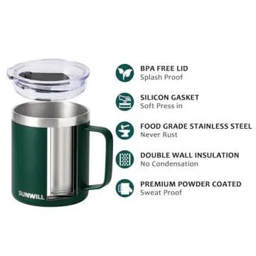 SUNWILL Travel Coffee Mug with Lid, Insulated Cup with Handle, 14 oz Stainless Steel Tumbler for Cam...