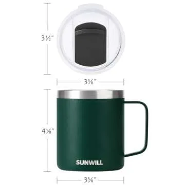 SUNWILL Travel Coffee Mug with Lid, Insulated Cup with Handle, 14 oz Stainless Steel Tumbler for Camping, Office, Outdoor, Powder Coated Forest Green