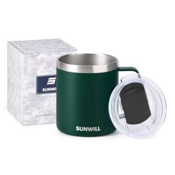 SUNWILL Travel Coffee Mug with Lid, Insulated Cup with Handle, 14 oz Stainless Steel Tumbler for Camping, Office, Outdoor, Powder Coated Forest Green
