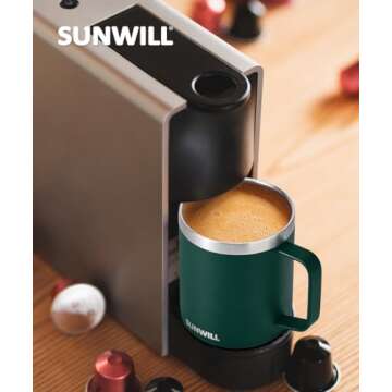 SUNWILL Travel Coffee Mug with Lid, Insulated Cup with Handle, 14 oz Stainless Steel Tumbler for Camping, Office, Outdoor, Powder Coated Forest Green