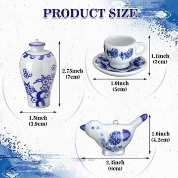 Funtery 9 Pieces Blue and White Porcelain Ornaments Chinoiserie Fall Pumpkin Decor Hanging Pendant C...