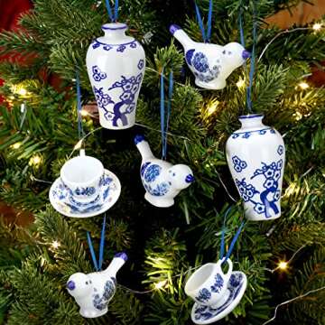 Funtery 9 Pieces Blue and White Porcelain Ornaments Chinoiserie Fall Pumpkin Decor Hanging Pendant Christmas Decor Ceramic Christmas Tree Ornaments for Christmas Autumn Decoration (Vivid Style)
