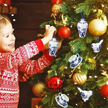 Funtery 9 Pieces Blue and White Porcelain Ornaments Chinoiserie Fall Pumpkin Decor Hanging Pendant Christmas Decor Ceramic Christmas Tree Ornaments for Christmas Autumn Decoration (Vivid Style)