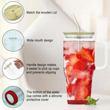 AiHeart 32oz Glass Tumbler with Bamboo Lid & Straw - Red