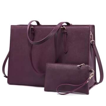 LOVEVOOK Laptop Bag for Women, Fashion Computer Tote Bag Large Capacity Handbag, Leather Shoulder Bag Purse Set, Professional Business Work Briefcase for Office Lady, 2PCs, 15.6-Inch, Deep Plum